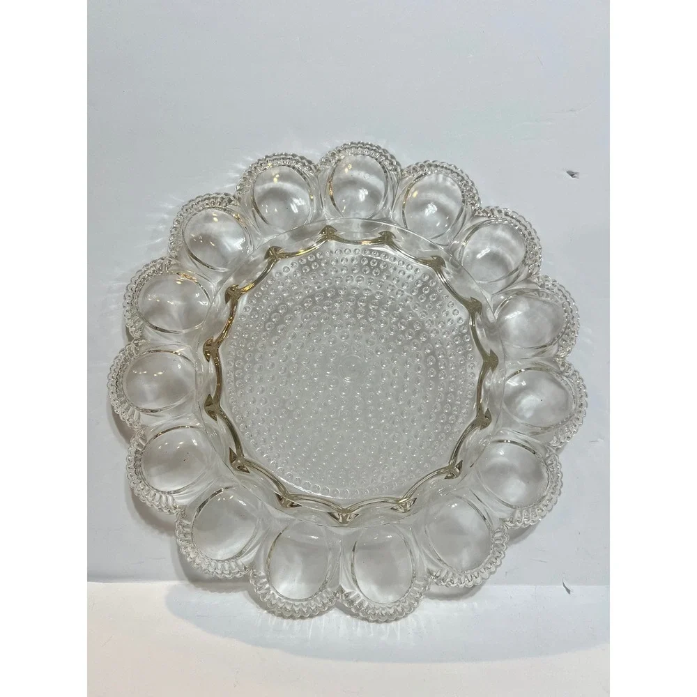 Indiana Glass Clear Deviled Egg Platter Scalloped Ribbed 15 Slot Hobnail Center
